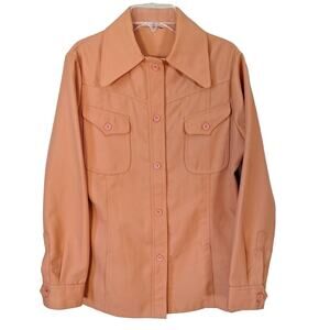 Vintage 70s Coral Orange Wide Butterfly Collar Button Up Shirt Shacket Size M/L
